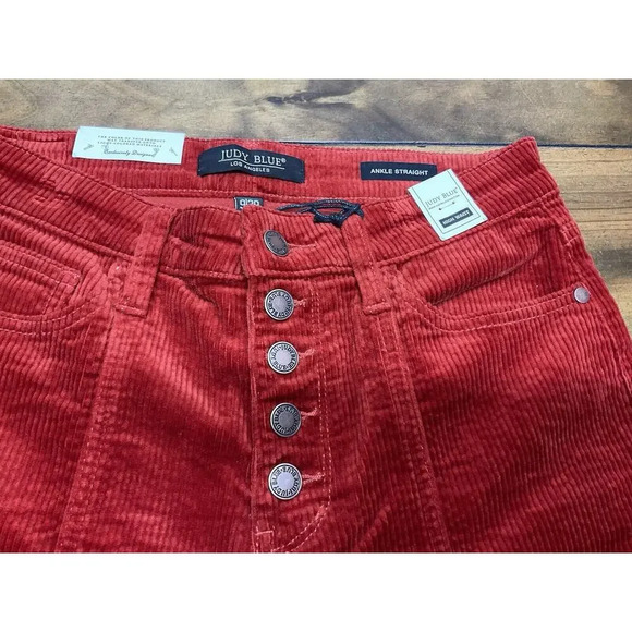 Judy Blue High Rise Button Fly Red Rust Corduroy Ankle Straight Pants Size 9/29 - Picture 4 of 13